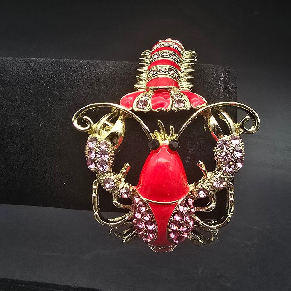 Rhinestone Lobster Clamper Bracelet Red Enamel Pink Gold Tone